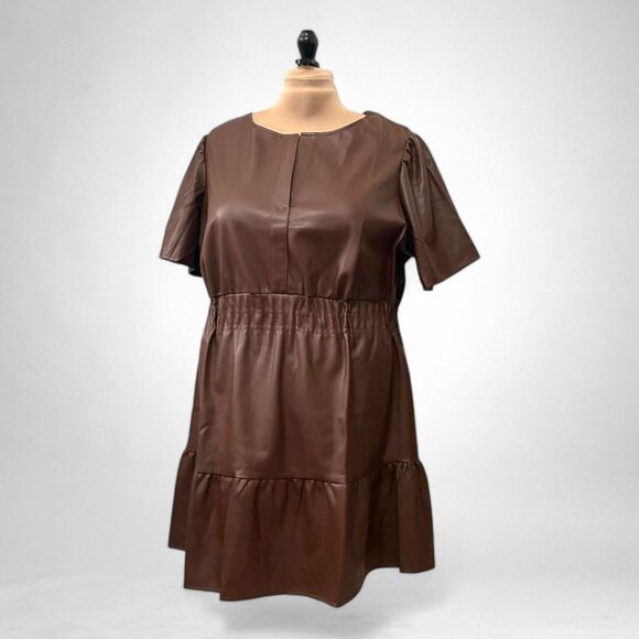 Nine. Eight New York Plus Size Short Sleeve Brown Faux Leather Dress NWT Size 3X - Picture 1 of 9
